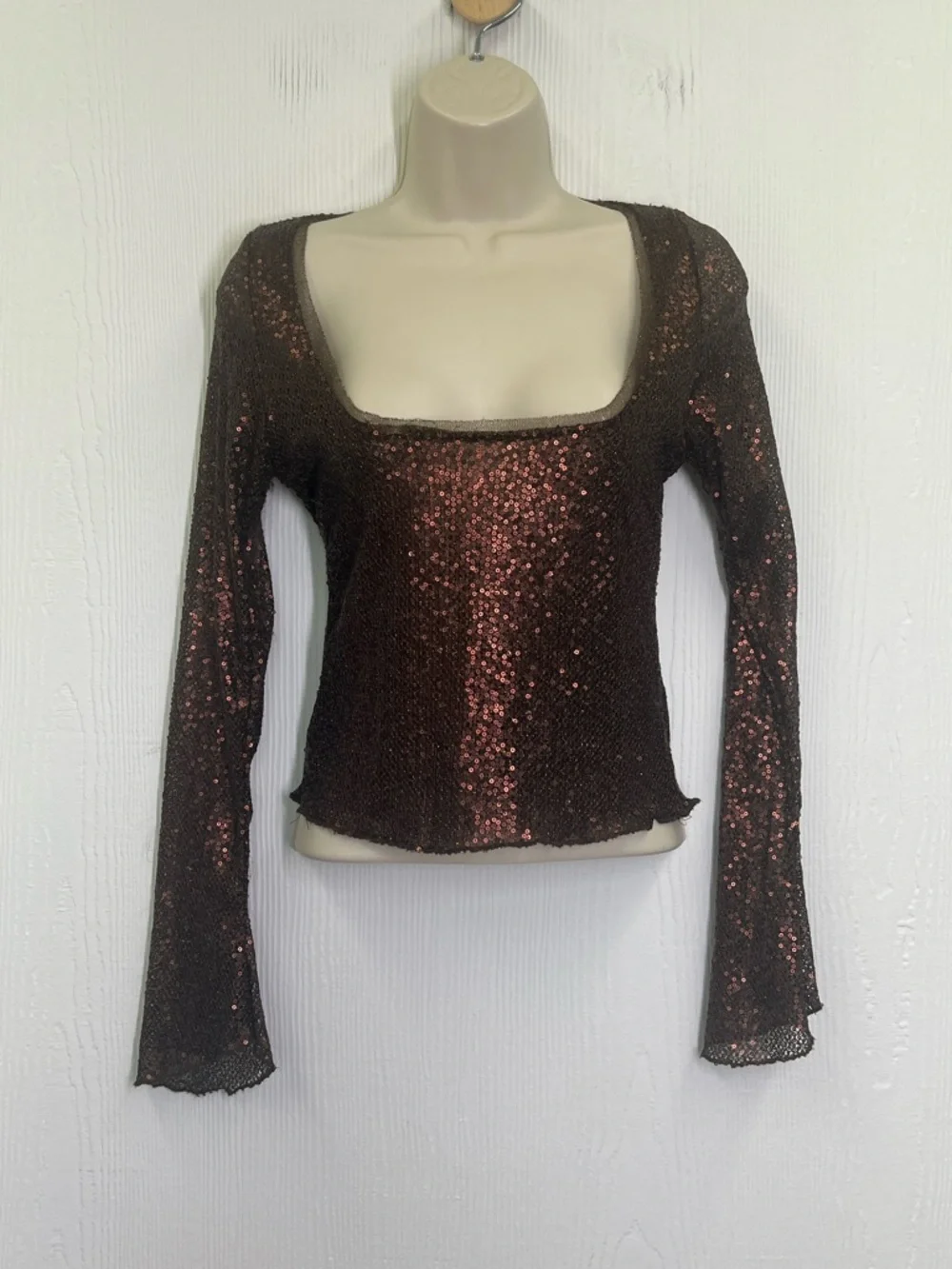 Free People - Late Night Disco Sequins Long Sleeve Fudge Brown Blouse Size Small